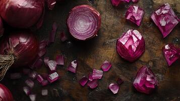 A pile of red onions and sliced red onions photo