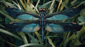 A dragonfly with blue wings sitting on top of some grass photo