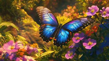 A blue butterfly is flying over purple flowers photo