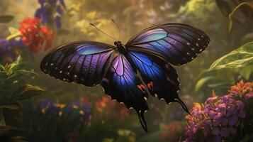 A butterfly is flying through a field of flowers photo