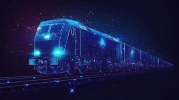 A train traveling on the tracks with glowing lights photo