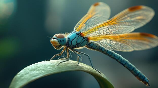A dragonfly is perched on a leaf photo