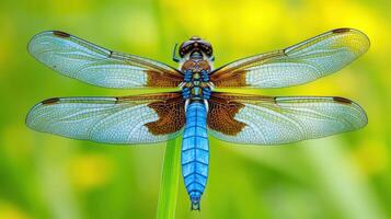 A dragonfly with blue wings sitting on a green blade photo