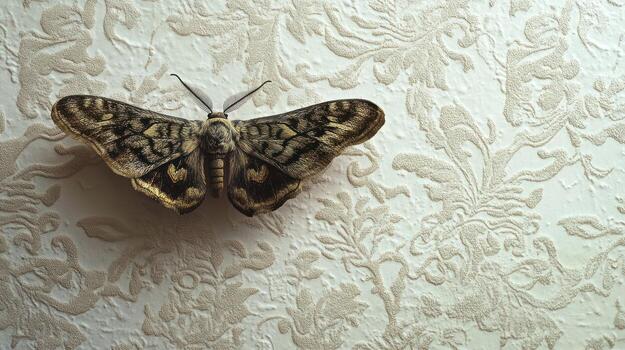 A moth on a wall with a floral pattern photo