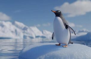 A penguin standing on an ice floe in the ocean photo