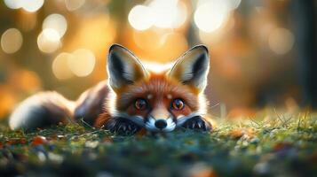 A fox laying on the grass in the woods photo