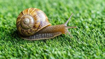 A snail is crawling on the grass photo