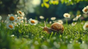 Snail in the grass with daisies photo