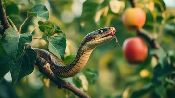 A snake eating an apple on a tree branch photo