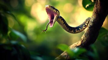 A snake with its mouth open on a tree branch photo