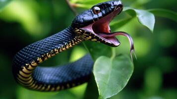 A black snake with its mouth open and its mouth open photo