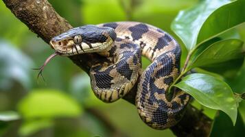 A snake is sitting on a branch with its mouth open photo