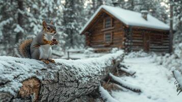 A squirrel sitting on a log in front of a cabin photo