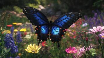 A blue butterfly is sitting on a field of flowers photo