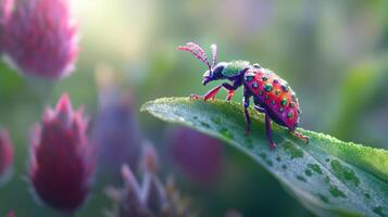 A colorful bug is sitting on a leaf photo