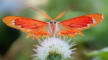 A butterfly with orange wings is perched on a flower photo