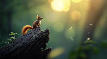 A squirrel is sitting on a tree stump photo