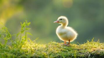 A baby duck standing on top of a grassy hill photo