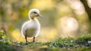 A baby duck standing on grass in the sunlight photo