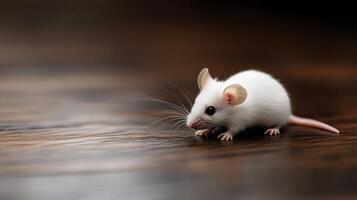 A white mouse is standing on a wooden floor photo