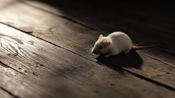 A white mouse is sitting on a wooden floor photo