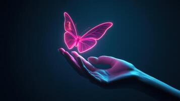 A hand holding a pink butterfly on a dark background photo