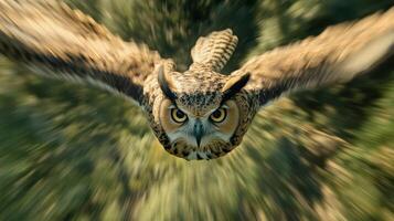 An owl flying through the air with blurry background photo