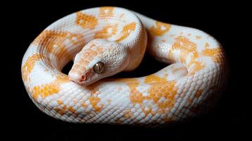 A white and orange snake curled up on a black background photo
