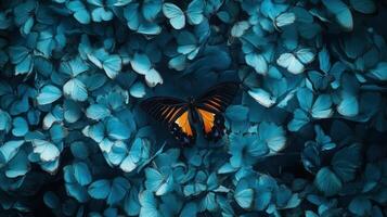 A butterfly is sitting on top of a bunch of blue butterflies photo