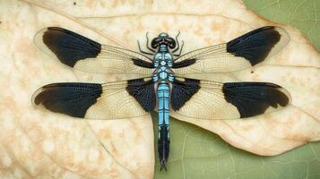 A dragonfly with black and blue wings sitting on a leaf photo