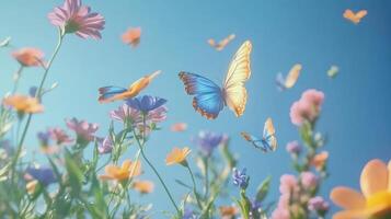 Butterflies flying over a field of flowers photo