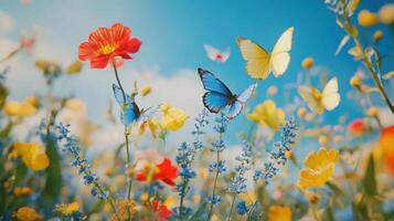 Butterflies flying over colorful flowers in a field photo