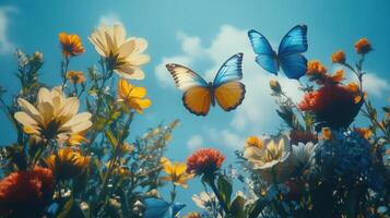 Butterflies flying over flowers in the sky photo