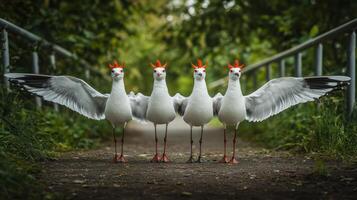 Three seagulls standing on a bridge with their wings spread out photo