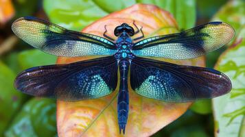 A dragonfly with blue and green wings sitting on a leaf photo
