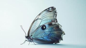 A blue butterfly with black wings on a light background photo