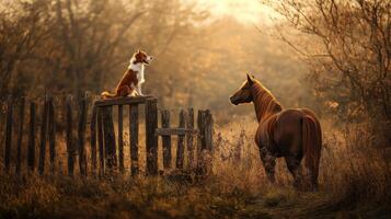A dog and horse standing on a fence photo