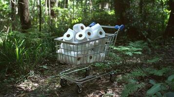 A shopping cart filled with toilet paper in the woods photo