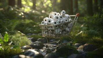 A shopping cart full of toilet paper in the woods photo