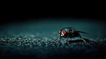 A fly with red eyes sitting on the ground photo