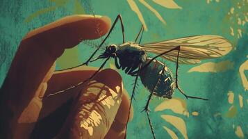 A mosquito is sitting on a hand with a leaf in the background photo