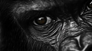 A close up of a gorilla's face with a black background photo