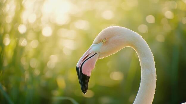 A close up of a flamingo with its head in the grass photo