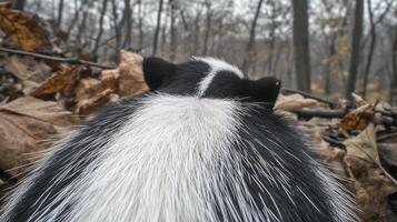 A black and white striped animal with its back turned to the camera photo