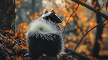 A skunk is standing in the woods with leaves photo