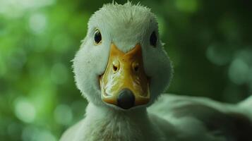 A close up of a duck's face with a green background photo