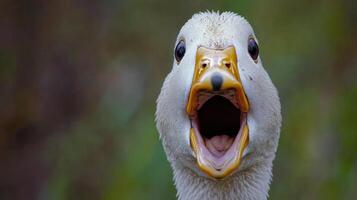 A close up of a goose with its mouth open photo