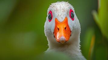A close up of a duck with orange eyes photo
