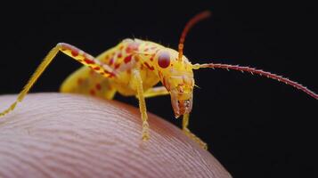 A close up of a yellow bug on a finger photo