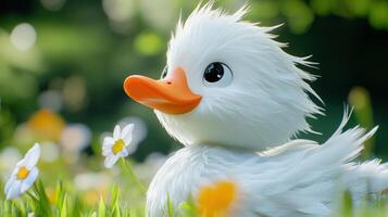 A white duck sitting in the grass with flowers photo